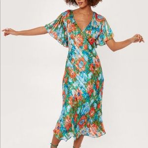 Nasty Gal Bold Floral Angel Sleeve Midi Tea Dress